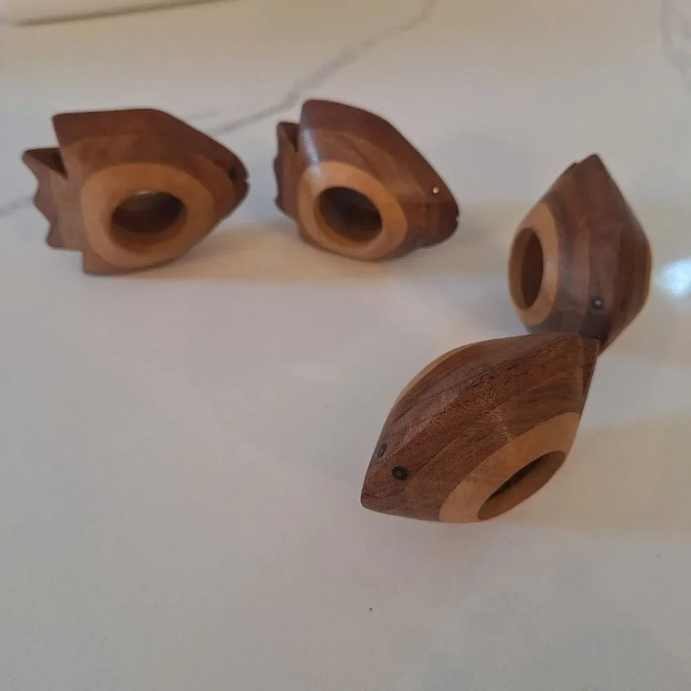 Wooden Fish Napkin Rings India Carved Eyes Faces Nautical Sea Beach Shore Island